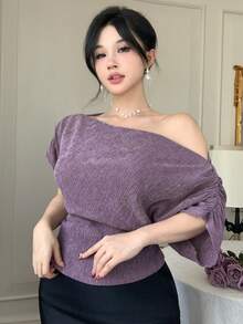 DAZY 女士纯色蝙蝠袖褶皱时尚T恤 夏季 - 紫色 - 查看 3