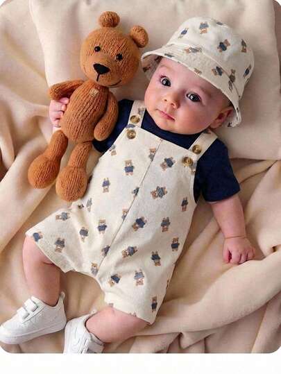 Conjunto de dos piezas para bebé niño con suéter de punto de cuello redondo de unicolor de manga corta y peto con estampado de palmera