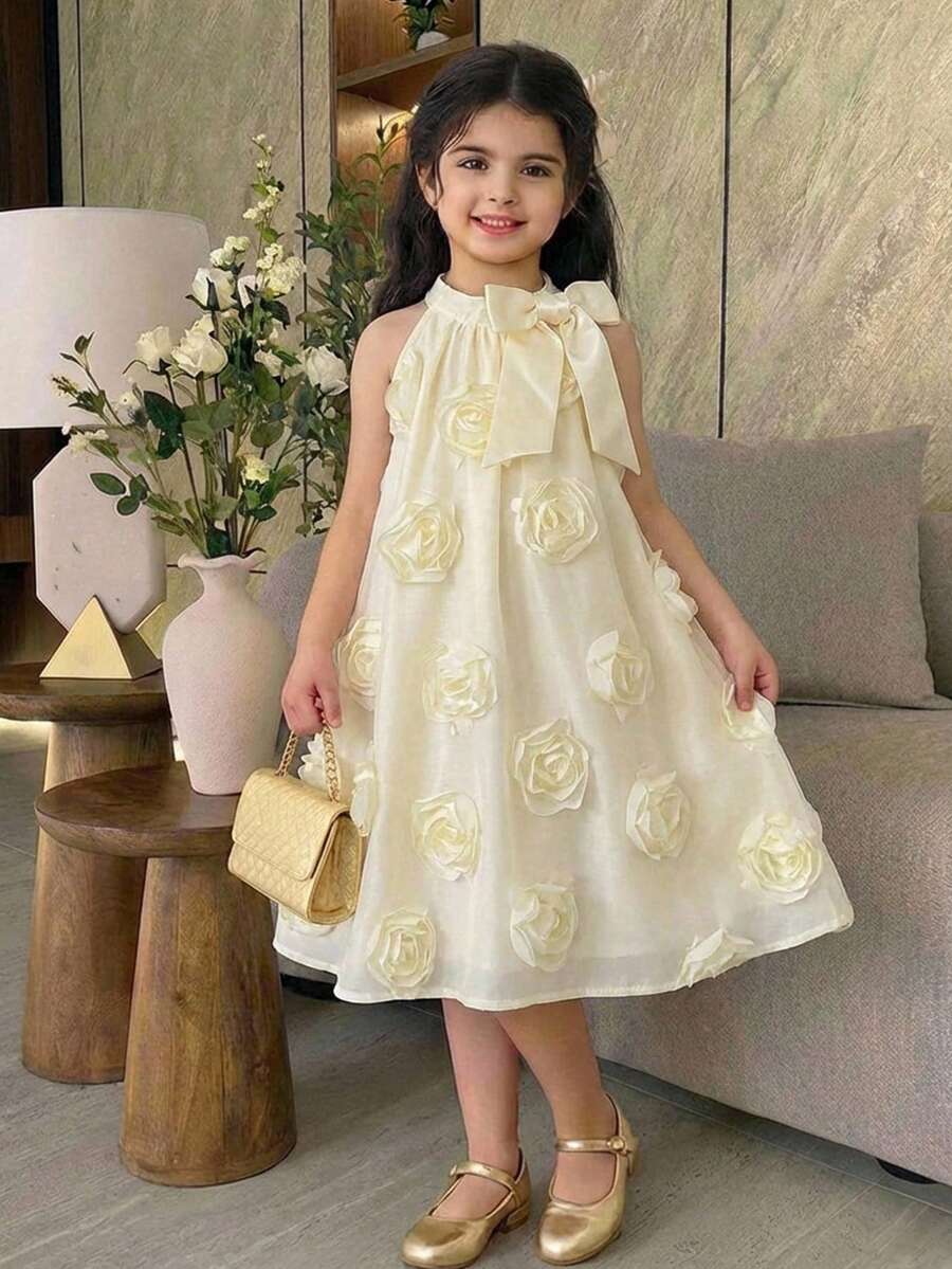 Young Girl's Stand Collar Mesh Floral Casual Loose Halter Dress - Apricot - View 1