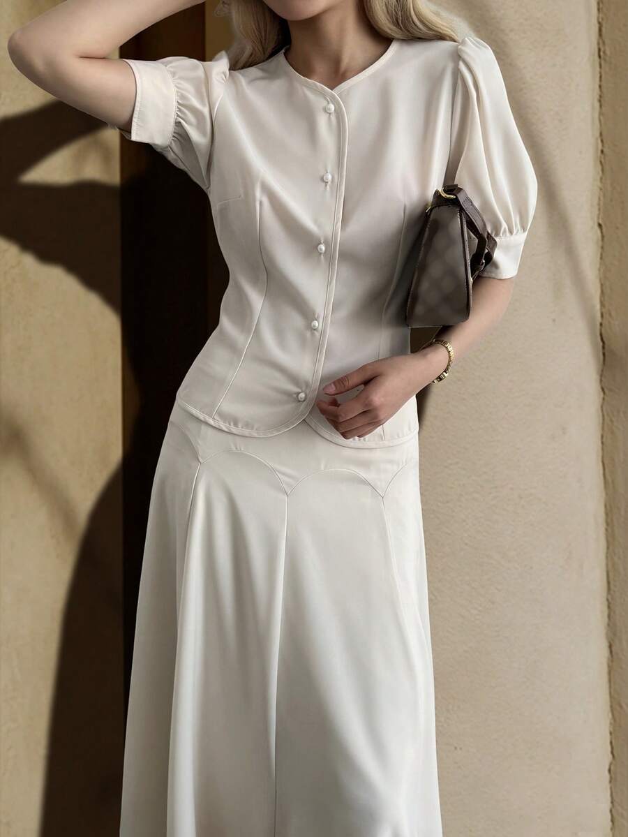 Livesso 女士休闲圆领花瓣袖上衣和半裙两件套，适合通勤、办公、度假、复活节派对、夏季穿着 - 杏色 - 查看 1