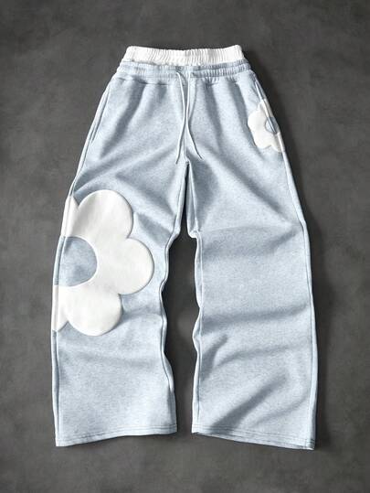 PAVTROS Men's Street-Style Popular INS Matching TK Fashion Contrast Color Double Waistband 3D Floral Sweatpants, Comfortable Wear, Daily, Valentine's Gift, Home, Outdoor Music Festival, Casual Outing, Gathering With Friends, Kid's Gift, Boyfriend/Husband Gift, Anniversary Gift