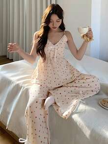 DAZY Women's Sweet Polka Dot Allover Print Textured Chiffon Pajama Set, Summer - White - View 12