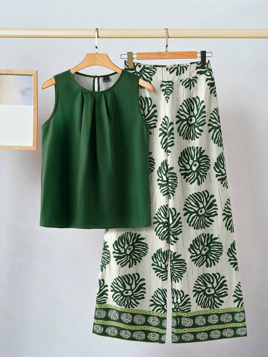 SHEIN Clasi 女士新款优雅无袖上衣和印花阔腿裤两件套，适合度假、日常穿着及多种场合。 - 彩色 - 查看 1