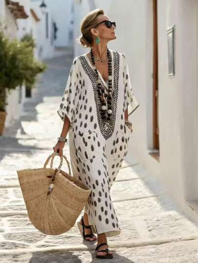 SHEIN Holidaya V-Neck 3/4 Sleeve Retro Print Loose Long Dress, Suitable For Spring, Summer, Autumn And Winter, Suitable For Vacation, Dating, Elegant, Casual, Loose Fit, Suitable For Elegant, Fashionable, Casual Commuting Outfits Kaftan Dress Kaftans For Women Boho Summer Dress Women Women Vacation Dress Mediterranean Style Clothes