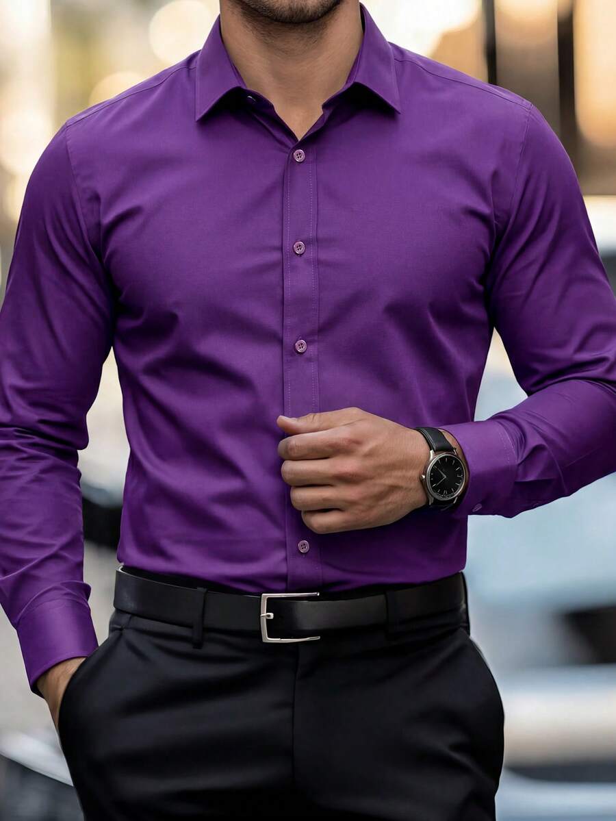 Manfinity Mode Men's Purple Plain Long Sleeve Regular Fit Business Formal Button Front Shirt Collar Top - Purple - View 1