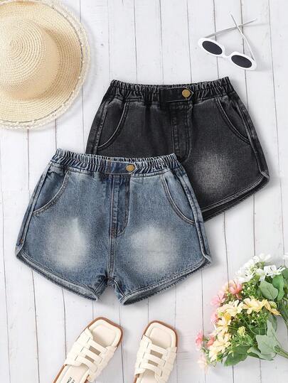 Quần jeans nữ trẻ em, phối màu xanh và đen tương phản, cạp chun co giãn, chất liệu cotton thoải mái, thích hợp mặc hàng ngày, dự tiệc, du lịch, đi học, hàng mới về năm 2026, quần short denim đa năng cho hoạt động ngoài trời và đi làm.