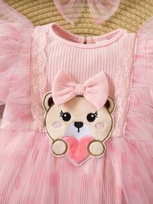 SHEIN Newborn Baby Girl Cute Summer Casual Knit Contrast Mesh Pink Cartoon Pattern Romper With Headband - Multicolor - View 6