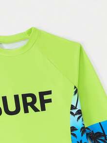 SHEIN Teen Boys 2 Pieces Swimwear Set,Long Sleeve Palm Tree Print Rash Guard Top With Swim Trunks,Suitable For Summer,Beach,Holiday,Pool Party Surf Shirt - Multicolor - View 5