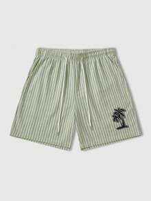 ROMWE MEN Pantalones cortos casuales con cordón en la cintura, con gráfico de palmera y rayas para hombres - Verde - Ver 1