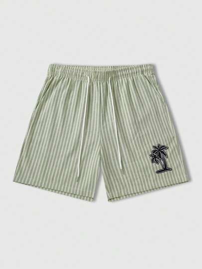 ROMWE MEN Pantalones cortos casuales con cordón en la cintura, con gráfico de palmera y rayas para hombres