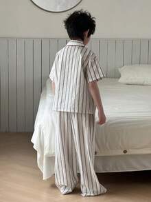 DAZY Tween Boy Striped Short Sleeve Single-Breasted Pocket Top And Pants Pajama Set - White - View 3