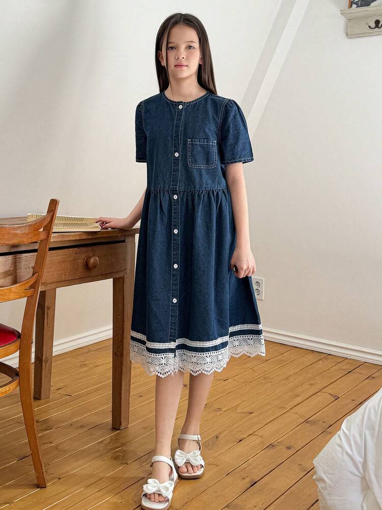 Girls' Round Neck Short Sleeve Denim Dress, Tween Girl Fall Clothes
