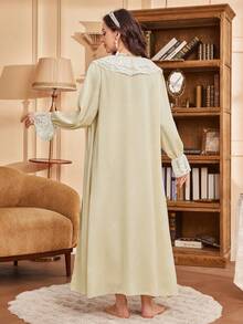 SHEIN 2pcs Lace Ruffle V-Neck Cinched Waist Long Sleeve Robe + Lace Trim Camisole Pajama Set For Women - Apricot - View 2