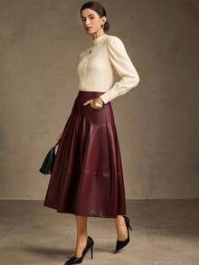 MOTF PREMIUM WOMEN'S ENCORE RED PU LEATHER PLEATED A-LINE SKIRT - Red - View 6