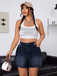 SHEIN ICON 大码女式夏季休闲日常通勤高腰牛仔短裤 - 深色水洗藍 - 查看 4