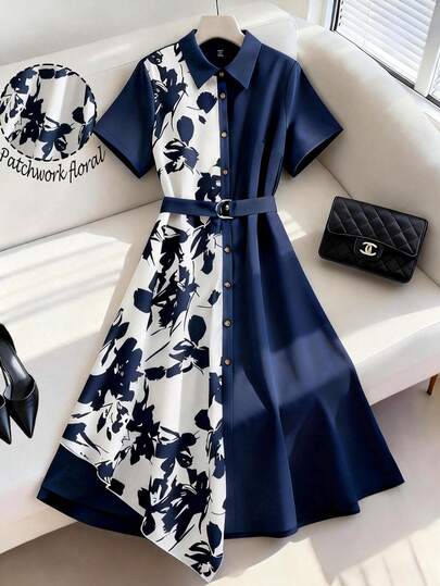 GlowEve CURVE Plus Size Women's Woven Fabric Printed Lapel Dropped Shoulder Short Sleeve Belted A-Line Dress, Casual, Fashionable, Comfortable, Versatile For Daily, Work, Spring/Summer Summer Elegant Dress Blue Flower Dress Blue And White Floral Dress French Style Dress Blue And White Dress Women,Valentines Day Outfit,Party Dress