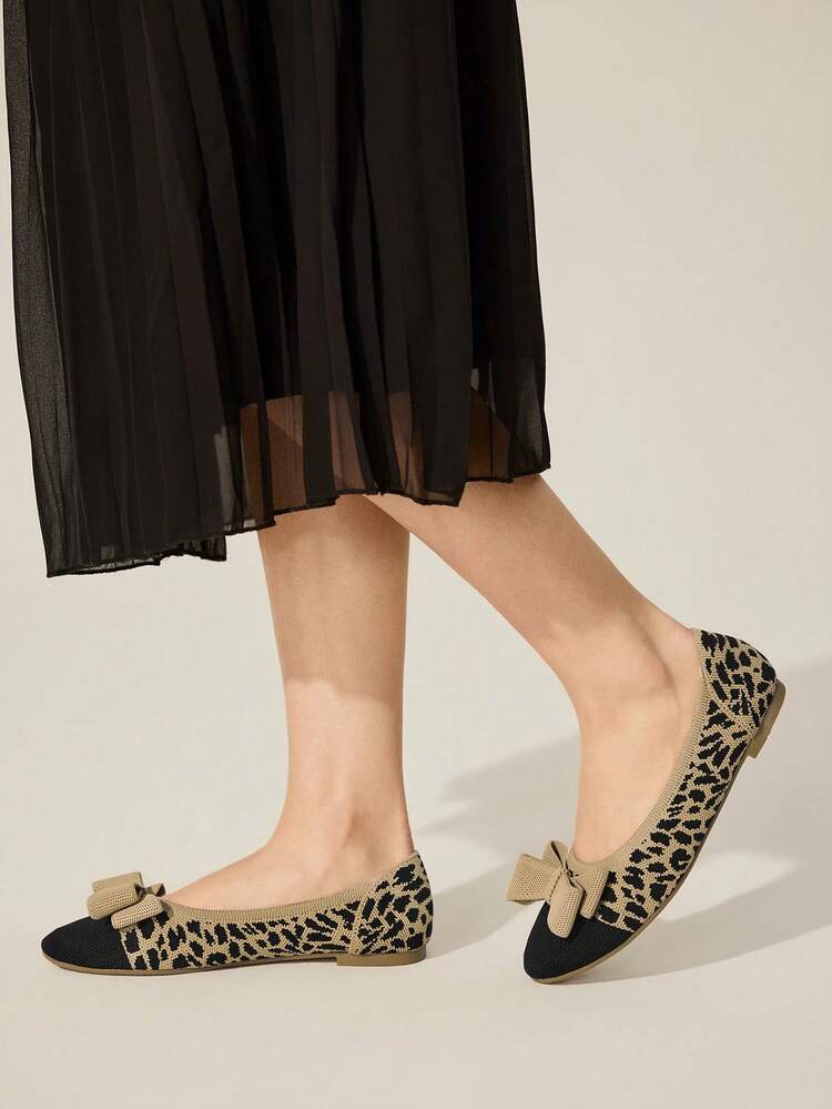 CUCCOO BASICS Women's Bow Decor Patchwork Leopard Print Flat Loafers Spring Shoes
