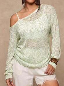 Freevana Áo dệt kim dáng rộng, vai lệch, kiểu dáng thường ngày, đa năng, phù hợp cho mùa thu/đông. - màu xanh lá - Xem 1