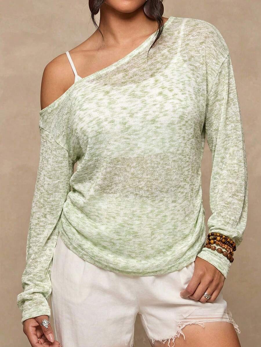 Freevana Áo dệt kim dáng rộng, vai lệch, kiểu dáng thường ngày, đa năng, phù hợp cho mùa thu/đông. - màu xanh lá - Xem 1