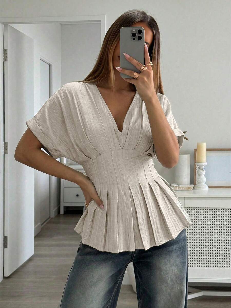 Aloruh 女士优雅V领收腰纯色梭织短袖办公衬衫