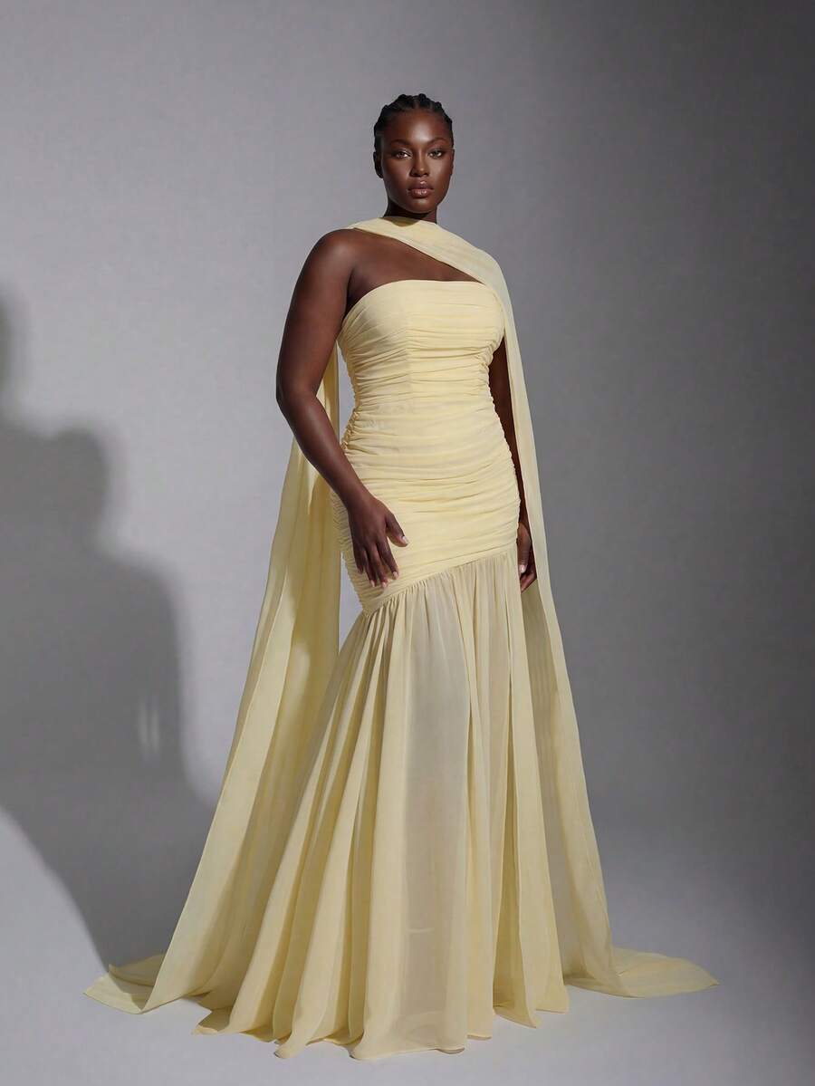 Elitara 大码优雅奶油黄雪纺露背连衣裙（亮片可拆卸），胸前荷叶边，网纱鱼尾裙摆，适合情人节、约会、度假、婚礼、伴娘等场合