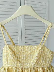 SHEIN Tween Girl Casual Vacation Woven Floral Textured Camisole Top With Ruffle Trim, Light Yellow - Yellow - View 7