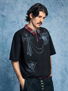 ROMWE MEN Street Life Men's Casual Polo Patchwork T-Shirt - Black - View 5