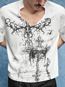 ROMWE MEN Goth Camiseta blanca de manga corta con cuello en V y estampado de cruz para hombres - Blanco y Negro - Ver 4