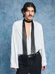 ROMWE MEN Street Life Men's V-Neck Contrast Lace Long Sleeve Fashionable Shirt - White - View 6