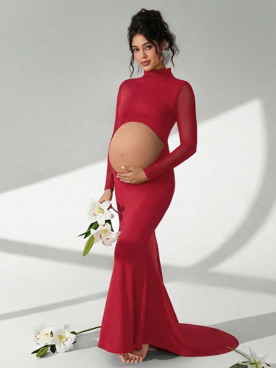 Cheriluna Maternity 孕妇摄影礼服，长袖立领，腰部镂空，露背，鱼尾下摆，及地长裙 - 紅色 - 查看 1