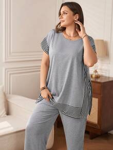 Rosumi Plus Size Striped Patchwork T-Shirt + Pants, 2 Pieces Set In Grey Versatile For Daily Use, Fashionable Commuting, Simple And Fashionable, Summer Outfits - Light Grey - View 4