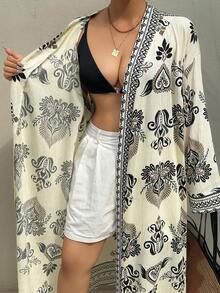Dazy Plus Plus Size Summer Vacation Beach Allover Print Coverup Dress - Apricot - View 7