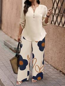 Breezaya Conjunto de 2 piezas de camisa y pantalones de talla grande con estampado aleatorio para mujer - Albaricoque - View 1
