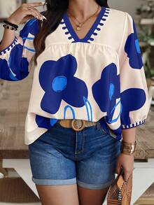 Weeklong Blusa de manga farol con cuello en V para vacaciones, estampado floral, talla grande para mujer - Multicolor - Ver 3
