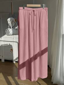 Comfortcana 夏季纯色褶皱纹理面料宽松抽绳腰带休闲度假阔腿裤，大码 - 淺粉色 - 查看 4