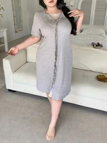 Dazy Plus Plus Size Solid Color Minimalist Short Sleeve Nightgown Summer - Grey - View 6