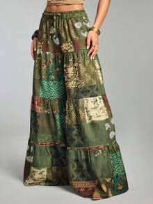 ROMWE Hippie Quần ống rộng in họa tiết chắp vá phong cách thường ngày cho kỳ nghỉ - Nhiều màu - Xem 2