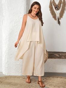 EMERY ROSE Women's Plus Size White Summer Smart Casual Vacation Outfit Sets,Solid Color Camisole & Pants 2 Pieces Set,Beach Peplum Spring Country Concert Outfit - Apricot - View 8