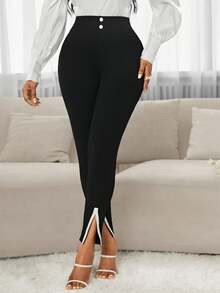 SHEIN Lady Petite Petite Women's Leggings, Clothes For Tall Women, Summer Co-Ord Festival Outfits, Summer Clothes, Rave Festival Outfits, Long Women's Dresses, Wedding Reception Dress, Summer Women's Dresses - Black - View 5