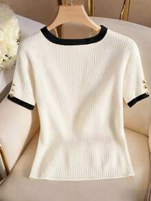 SHEIN Colorblock Ribbed Knit Crew Neck Short Sleeve T-Shirt, Spring/Summer - Black and White - View 2