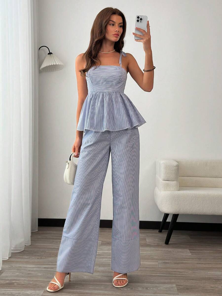 EURMUSE Bộ đồ hai mảnh kẻ sọc dành cho nữ gồm áo hai dây peplum buộc dây và quần ống rộng cạp cao cùng màu, thích hợp mặc hàng ngày. - Xanh và trắng - Xem 1