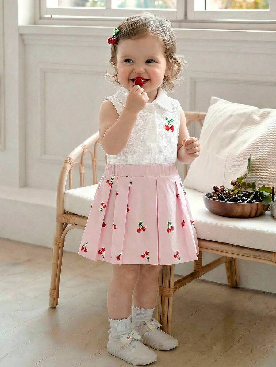Souflis Souflis 2pcs/Set Baby Girl Spring&Summer Casual Style Bowknot-Shape Embroidery Sleeveless Top&Short Pleated Skirt - Multicolor - View 1