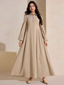 Graceveil 女士简约Polo领长袖优雅休闲阿拉伯风格连衣裙 - 卡其色 - 查看 1