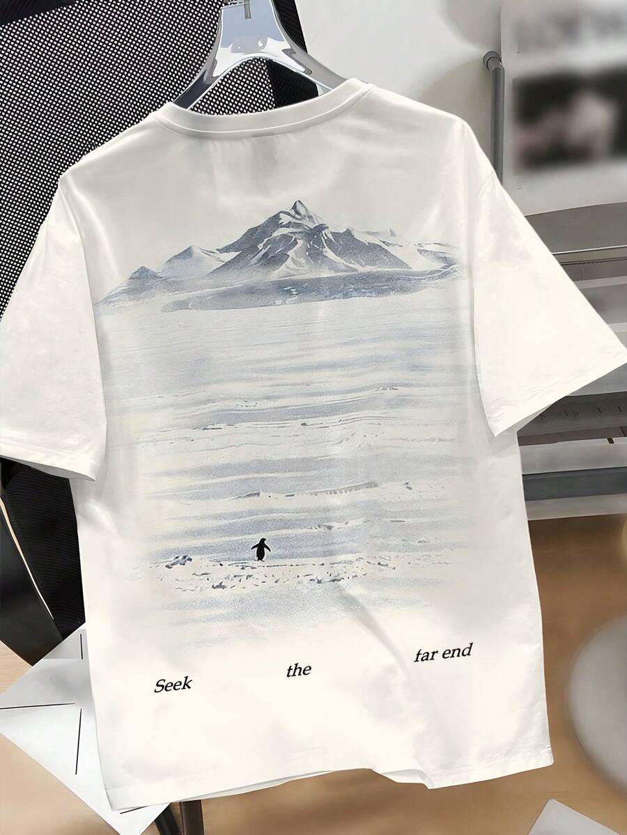 Chillumni Men's Summer New Casual Commuting Absurdism Penguin & Snowy Mountain Print Short Sleeve T-Shirt - Multicolor - View 1