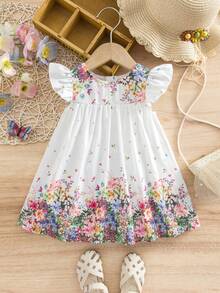 SHEIN Babygirl Elegant Floral Print White Cap Sleeve Dress - White - View 1