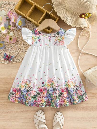 SHEIN Babygirl Elegant Floral Print White Cap Sleeve Dress