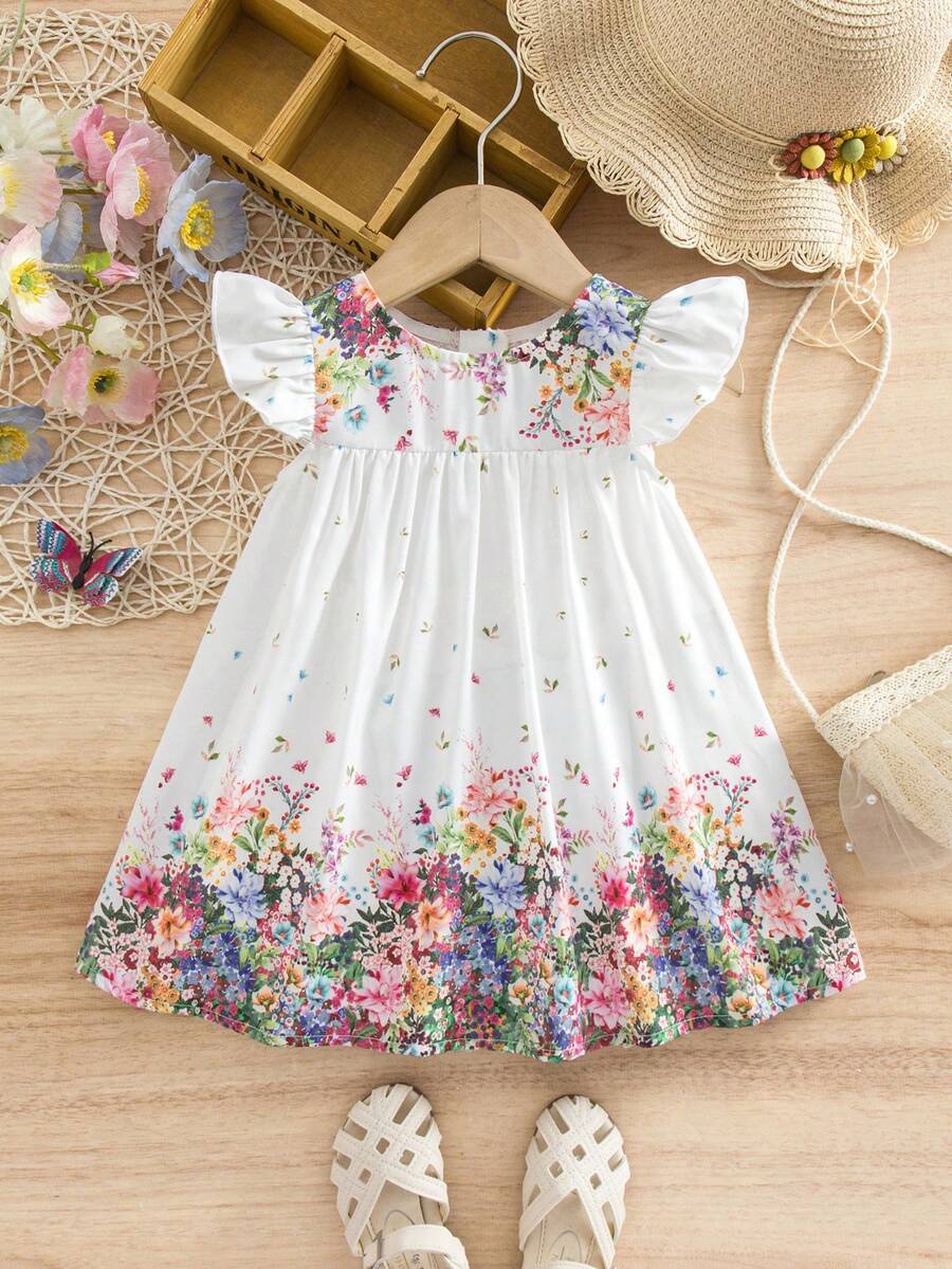 SHEIN Babygirl Elegant Floral Print White Cap Sleeve Dress - White - View 1
