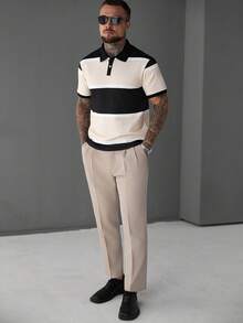 Manfinity CasualCool Men's Striped Polo Shirt With Turndown Collar, Suitable For Home, Outing And Gatherings - Apricot - View 3