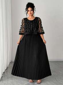 Elenzga 大码女士优雅3D立体花卉网纱褶皱连衣裙 - 黑色 - 查看 6