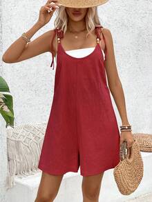 Breezaya 纯色水洗棉圆领串珠连体裤 - 酒紅色 - 查看 5
